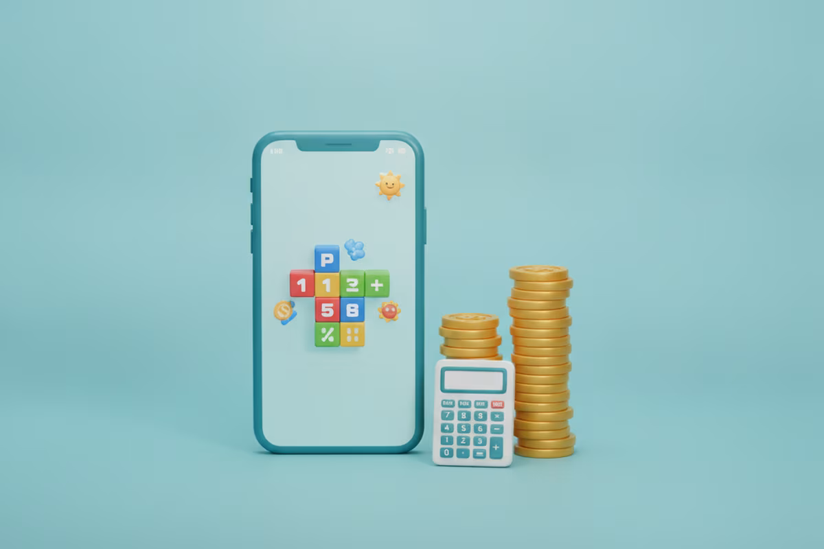 Smartphone with a casual game beside rising stacks of coins and a calculator